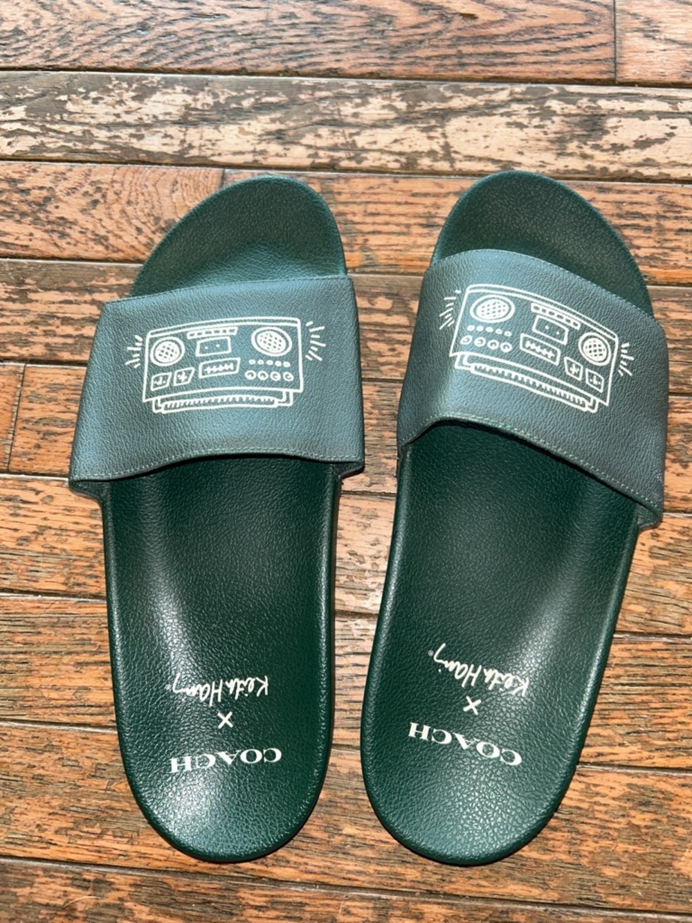 Coach and Keith Haring collaboration Dark Green  Slide Sandals with White Print